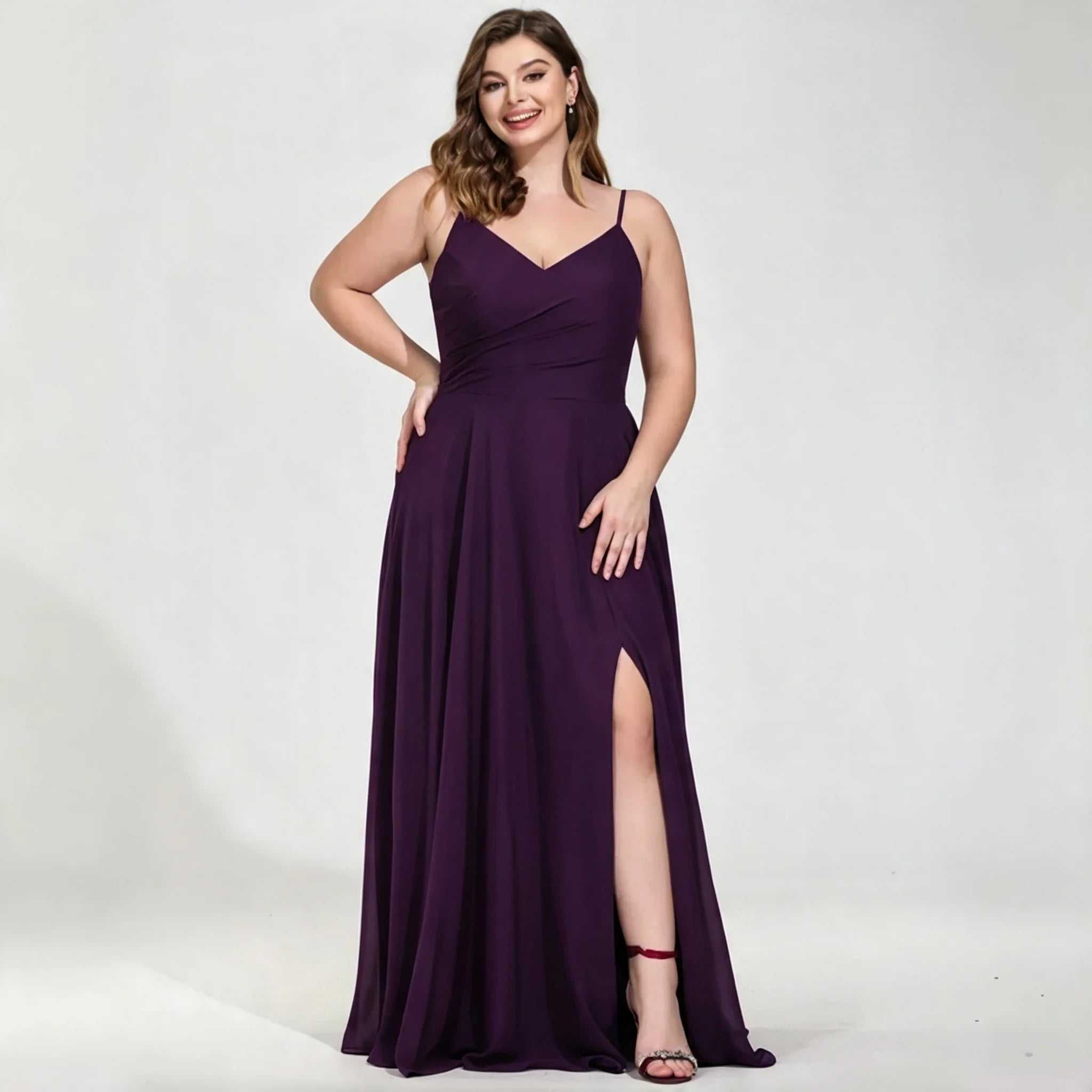 New York Plus Size Burgundy Chiffon Bridesmaid Spaghetti Strap Surplice V Neck Ruched Dress