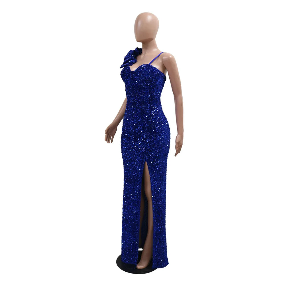 Bayone Sexy Sequins Solid Sexy Slim Fit Evening High Waist Elegant Lady Sleeveless Split Dress