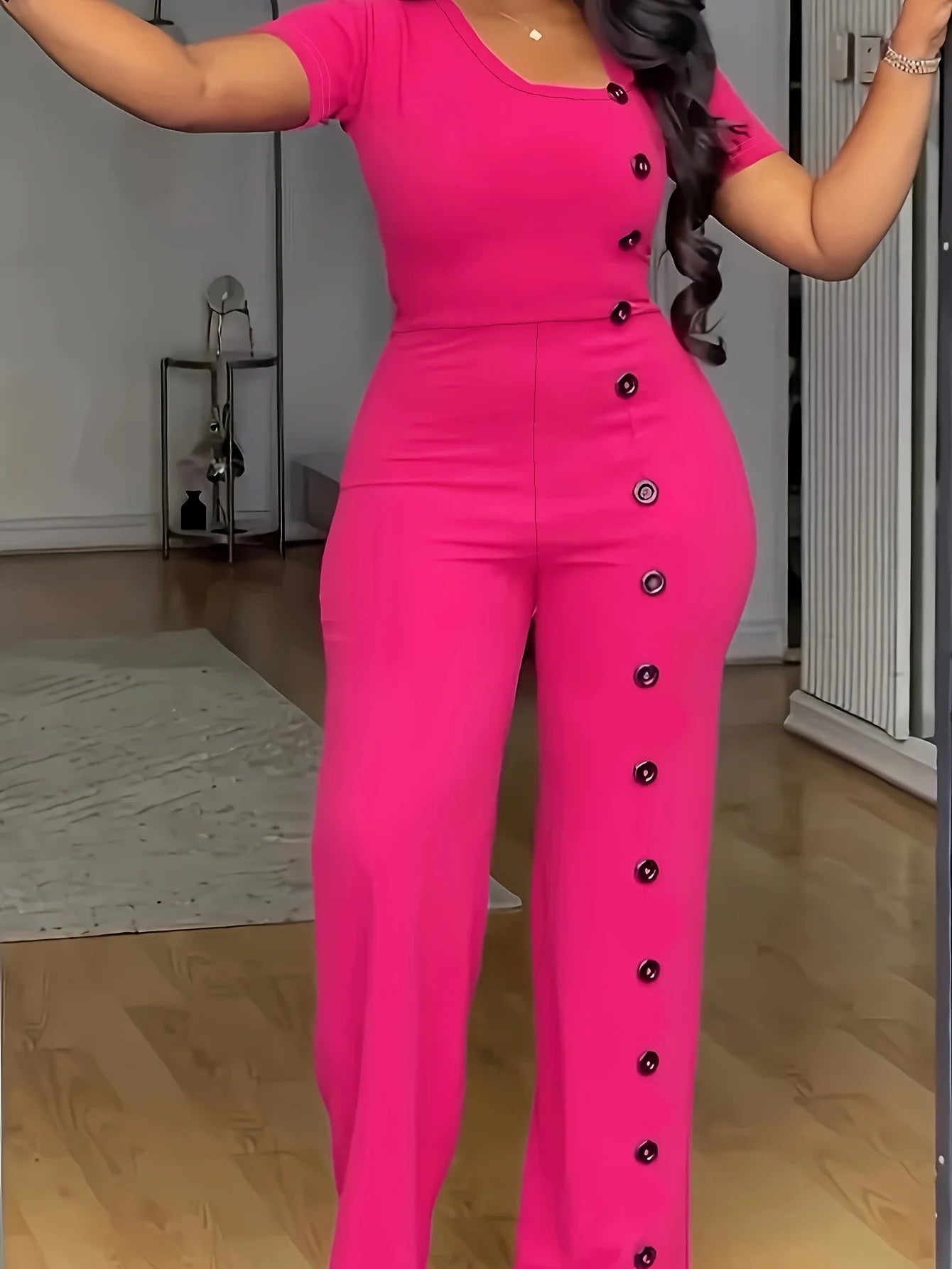 Lake Orion Formal Short Sleeve Buttoned Office Straight Jumpsuit