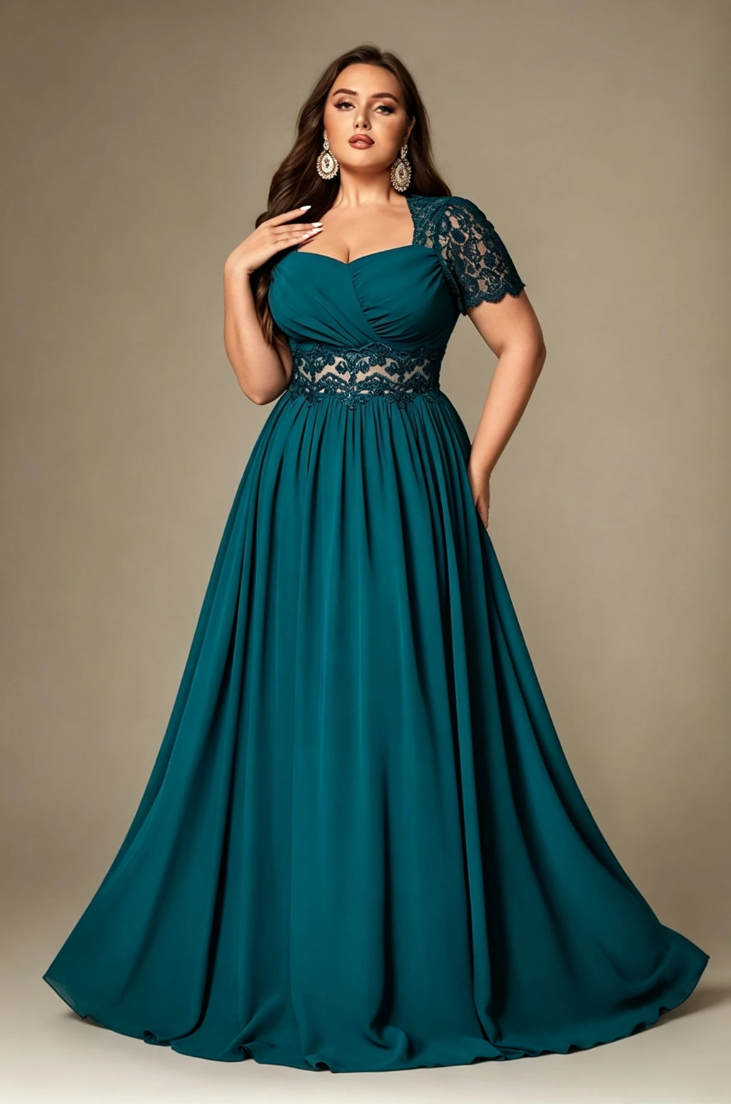 Paterson Plus Size A Line Lace Short Sleeved Formal Evening Gown Sheer High-Waisted Maxi Dress