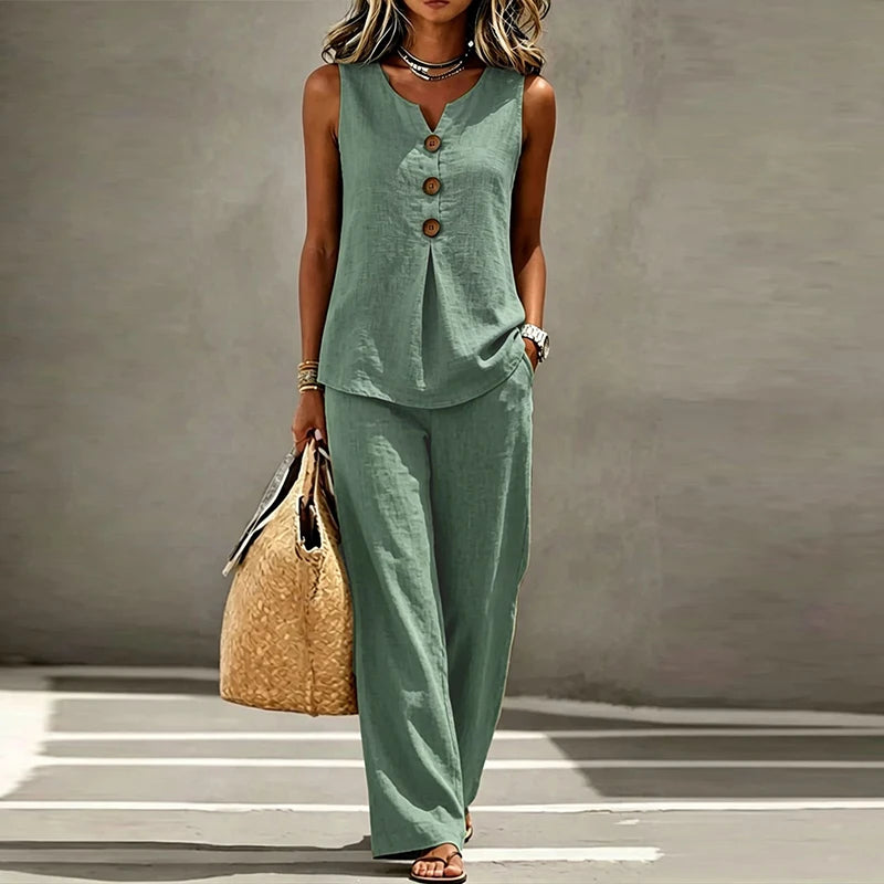 Merida Summer Sleeveless V Neck Button Two Piece Sets