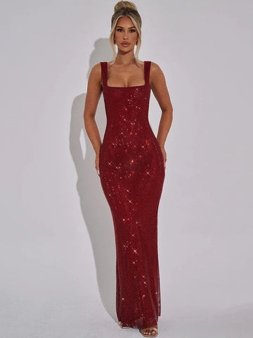 Bellport Sequins Backless Gown Sparkle Square Collar Sleeveless Bodycon Long Dress