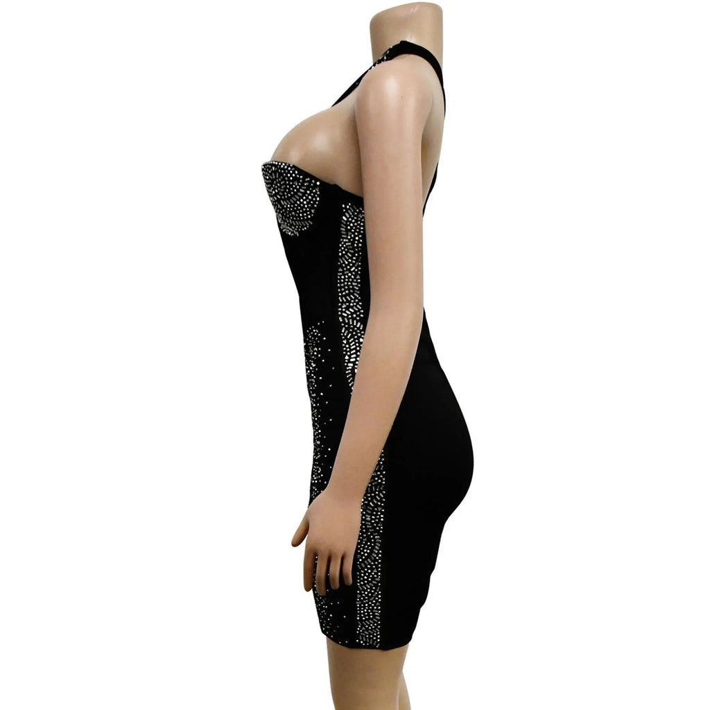 Homecrest Shoulder Mesh Rhinestone See Through Night Club Outfits Dress