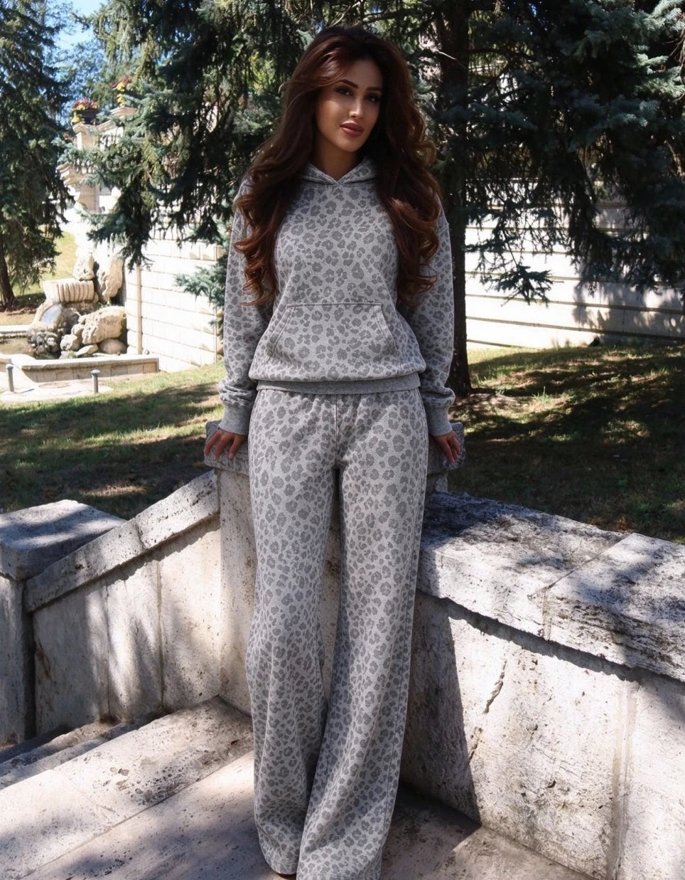 Sanely Women Grey Leopard Print Two Piece Sets