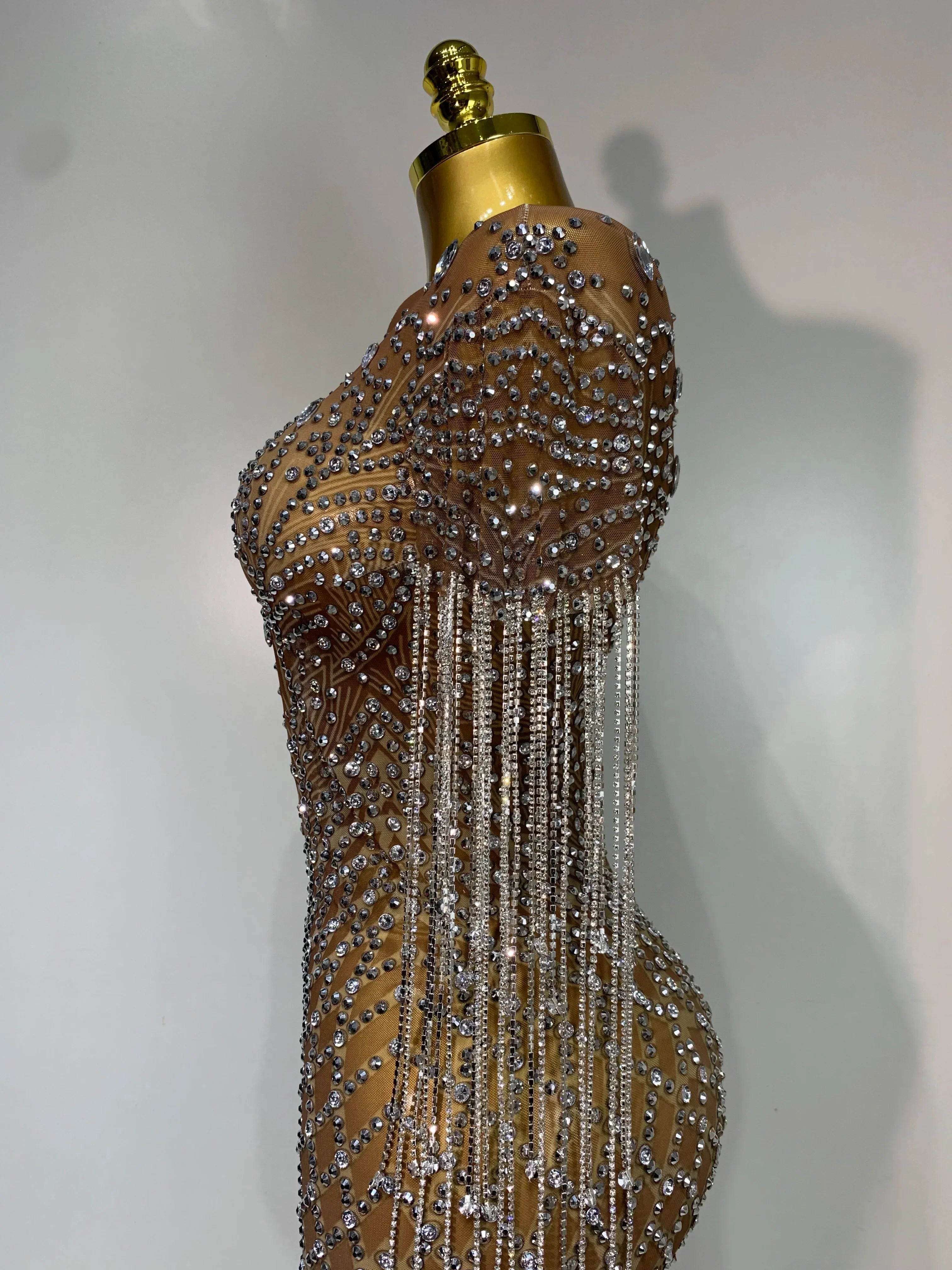 Bedford Luxury Sparkly Rhinestones Tassel Transparent Mesh Stretch Long Dress