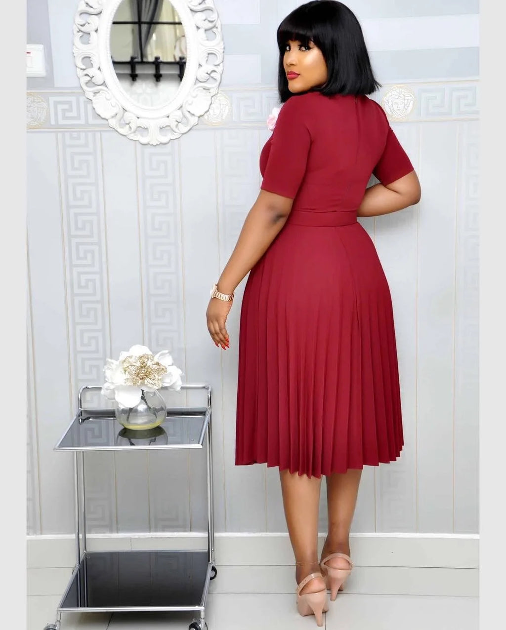 Cincinnati Plus Size Pleated Ladies O Neck Solid With Belt Mid-Calf Office Dress