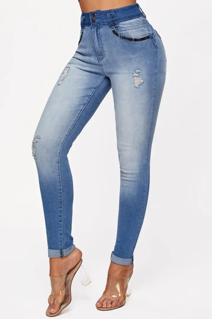 Albany Elastic Slimming, Hip-lifting High-waisted Gradient Casual Ripped Skinny Jeans
