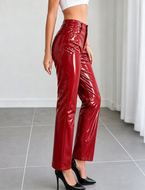 Alabama High Waist Red Shiny Patent Faux Leather Pencil Slim Fit Full Length Pockets Pants
