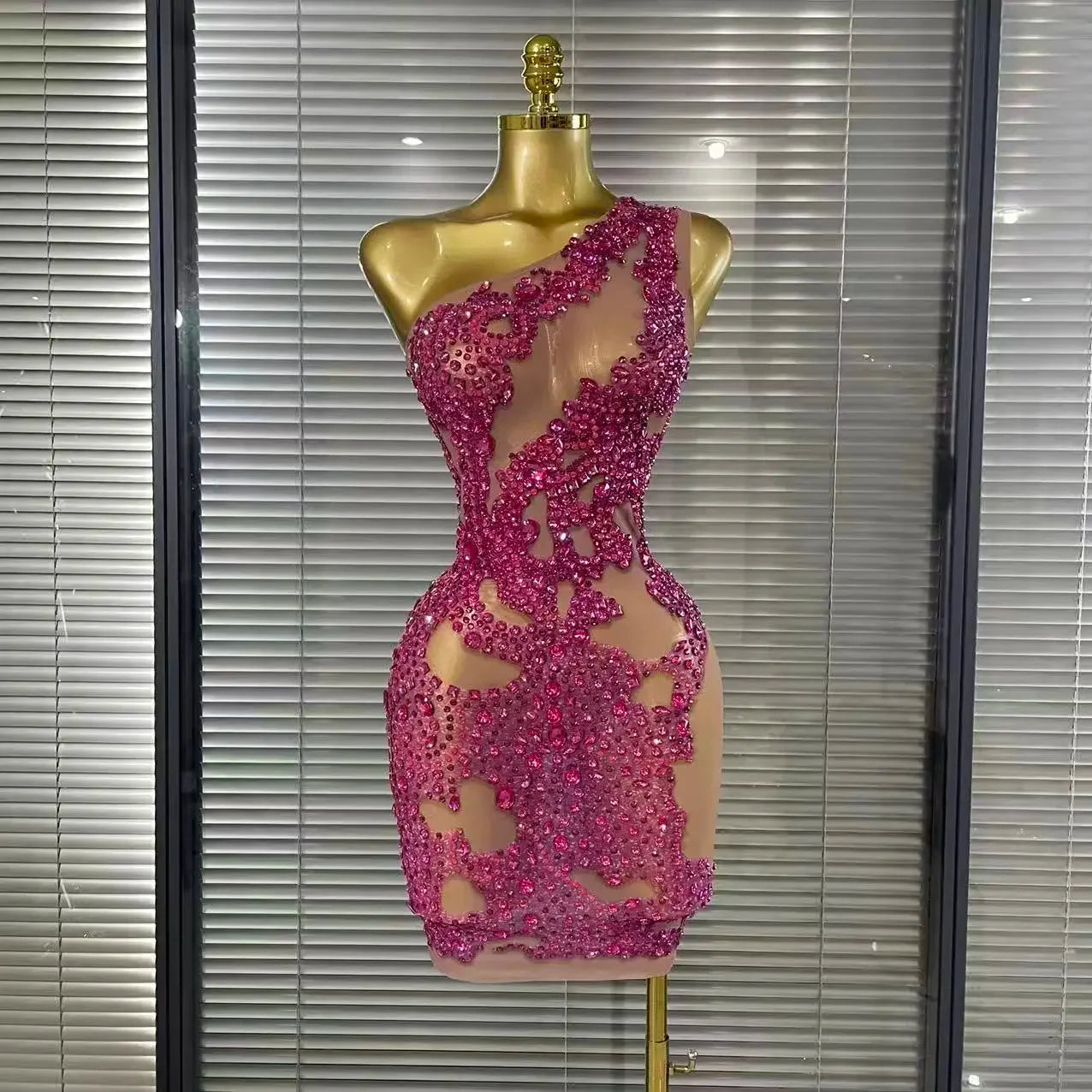 Harper Ferry Shining Rosered Crystal Sexy One Shoulder Mesh See Through Bodycon Mini Dress