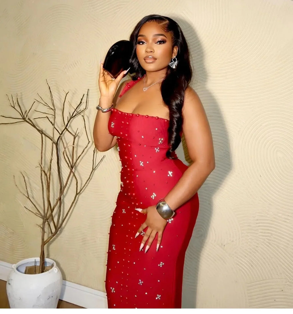 Los Angeles Elegant African Party Evening Sleeveless Polyester Rhinestone Maxi Dress