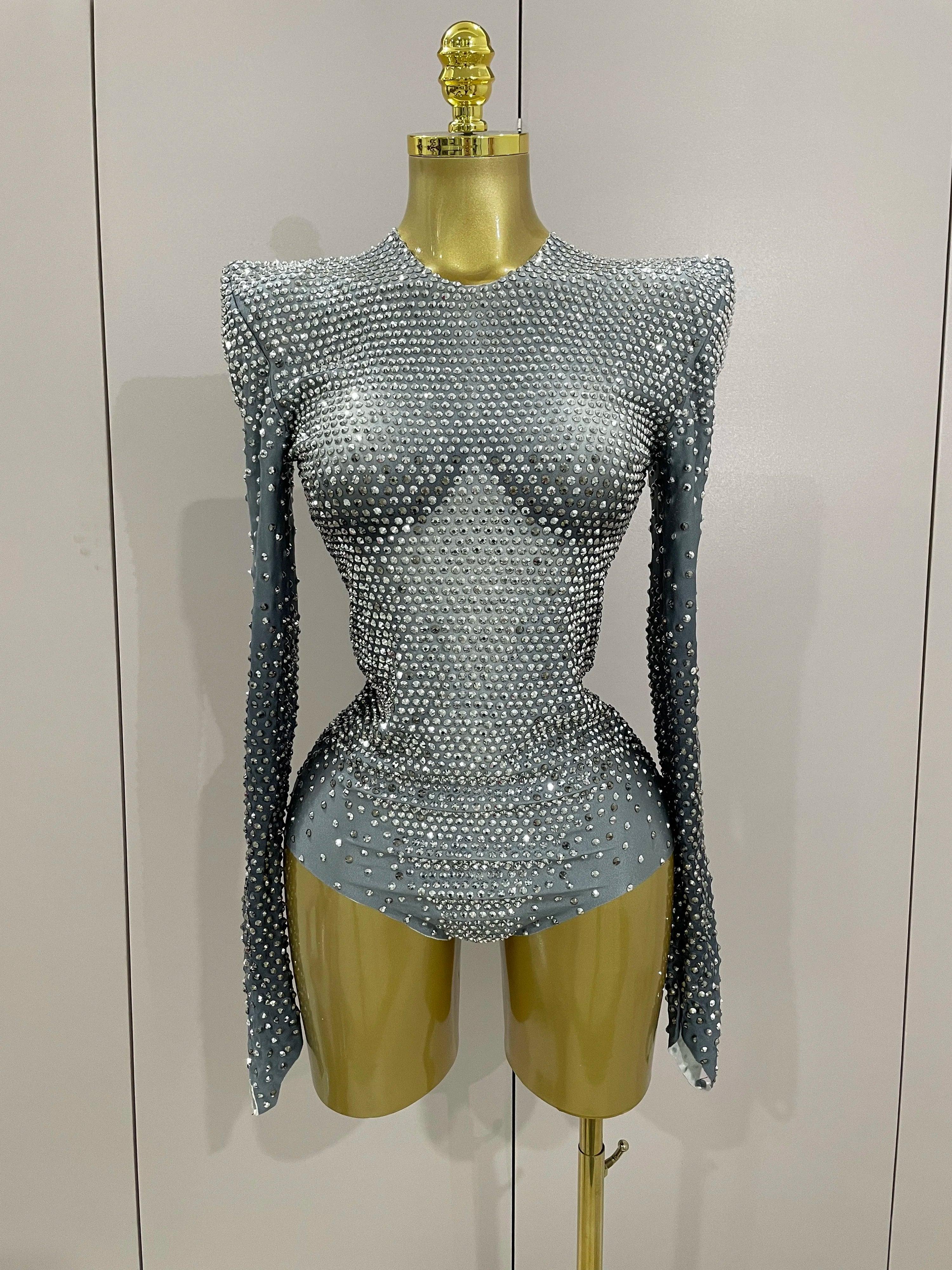 Norwish Sparkle Silver Rhinestones Long Sleeve Stretch Romper