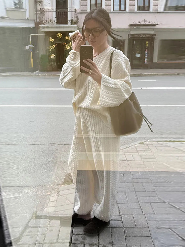 Pamela V Neck Cable Knit Wide Leg Two Piece Sets