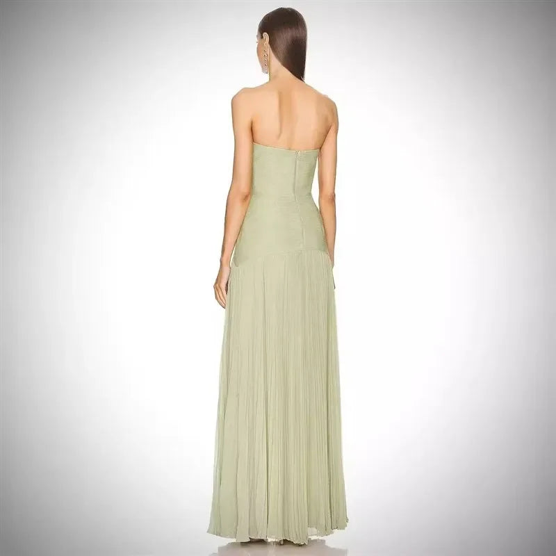 Bolair Strapl Pleated Dr Ribbed Fabric Long Elastic Waist Gored Dress