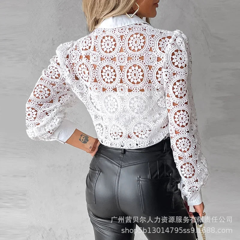 Lansdale Elegant Office White Shirt Long Sleeve Button Turn-down Collar Sexy Hollow Blouse