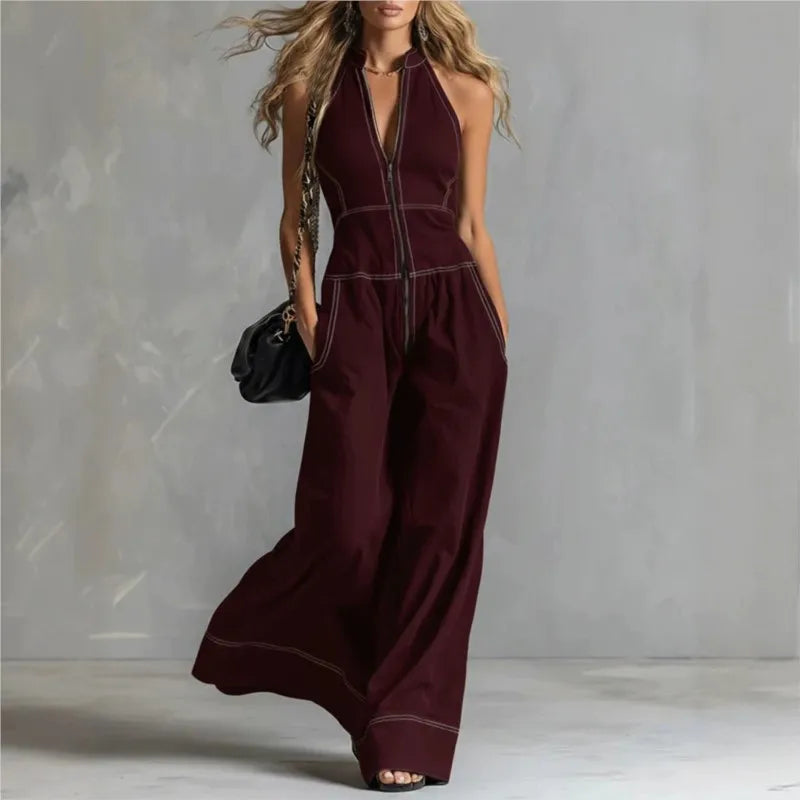 2026 New Summer Women's Jumpsuit Solid Color With Zipper Casual Loose Fashion Comfortable Unique Retro Niche Commuting Jumpsuit