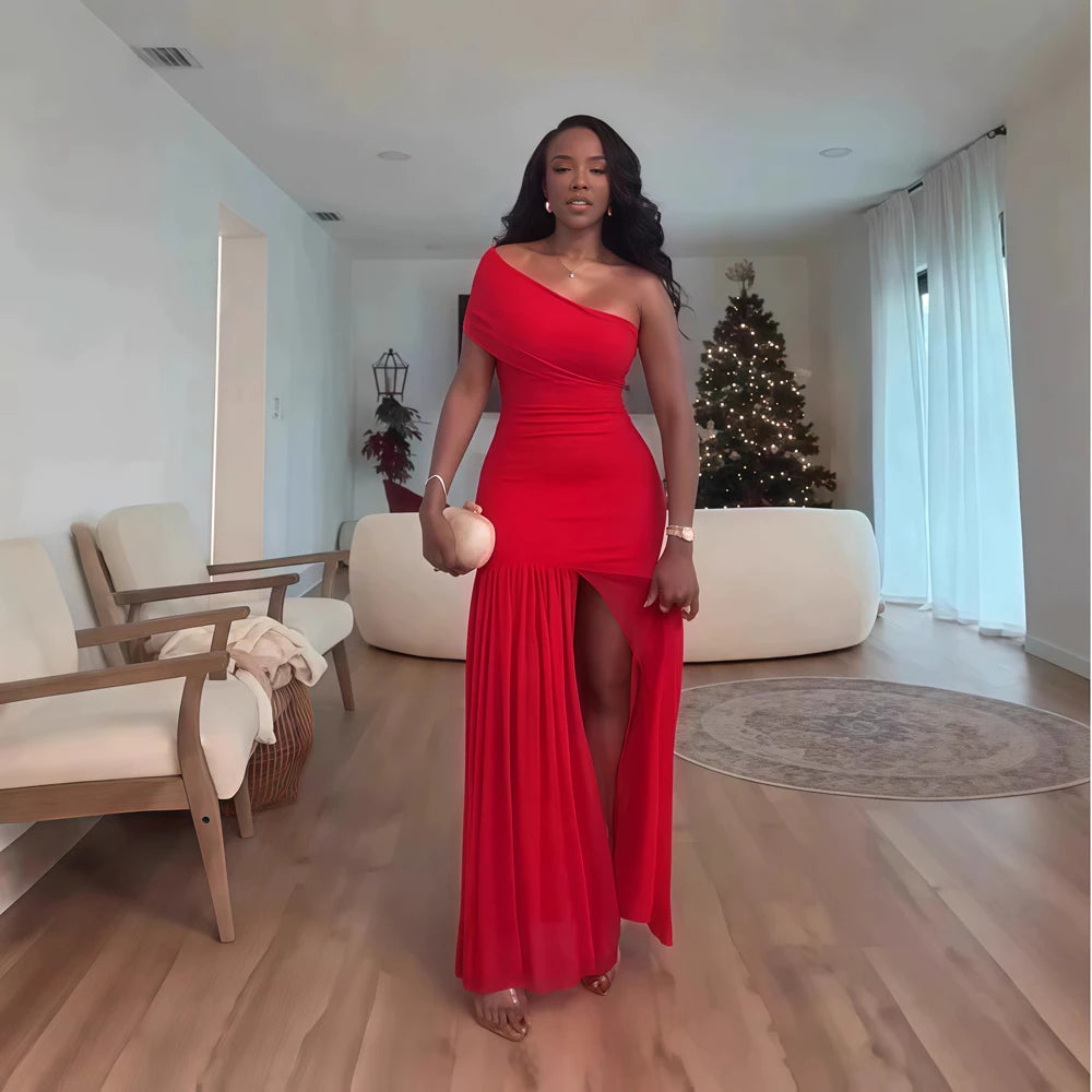 Elegant Skew Neck One Sleeve Off Shoulder Mesh Slit Long Maxi Dresses