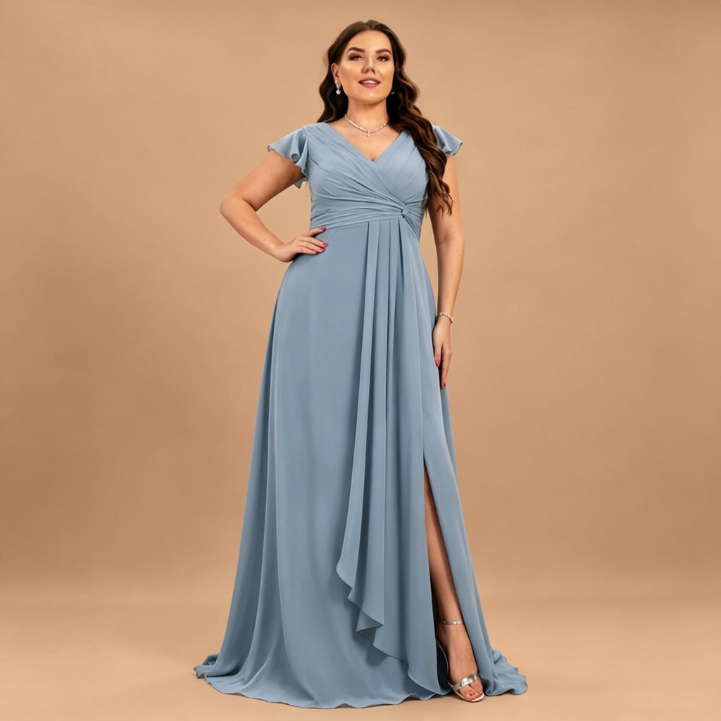 Long Island Plus Size Chiffon Evening Elegant V-Neck Ruffle Sleeve Formal Dress