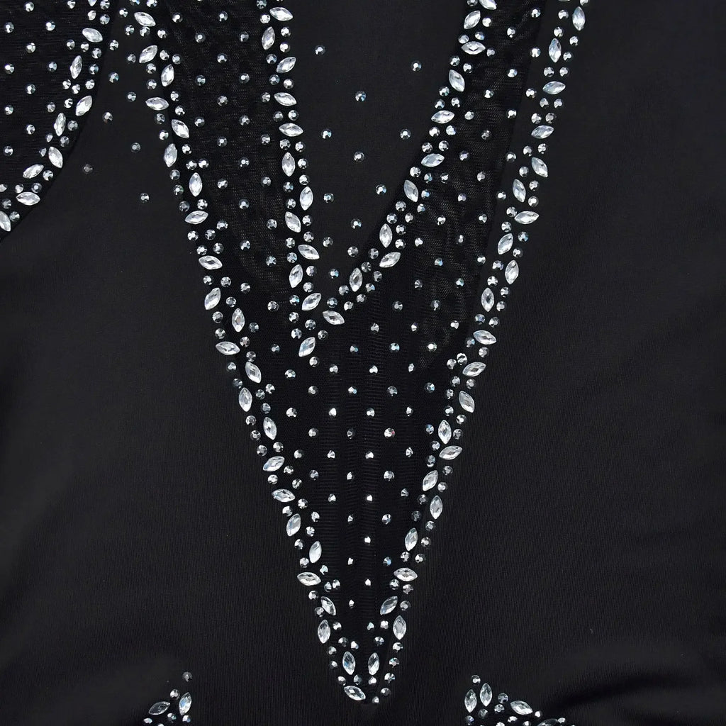 Upper West Sparkly Rhinestone Perform Costume Long Sleeve Sheer Mesh Jumpsuit
