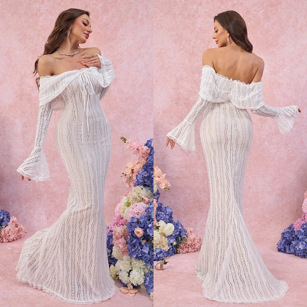 Grafton Suninheart White Evening Long Sleeve Lace Elegant Party Dress