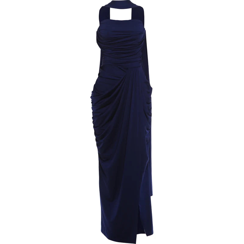 Madrid Folds Elegant Long Ribbon High Slit Chest Wrap Maxi Dress