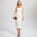 Bushwick Black Velvet Midi Bodycon Square Neck Lace Puff Long Sleeve Ruched Waist Dress