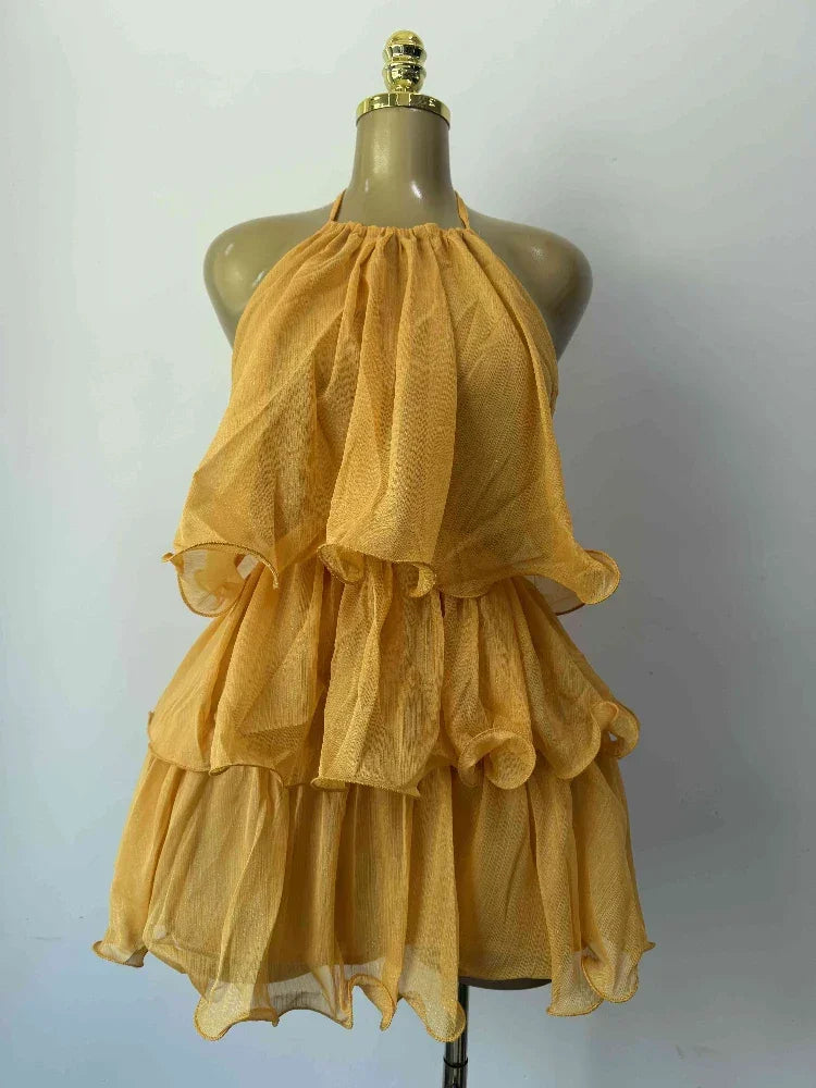 Constable Hook Backless Yellow Holiday Halter  Ruffles Tiered Mini Beach Dress