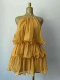 Constable Hook Backless Yellow Holiday Halter  Ruffles Tiered Mini Beach Dress