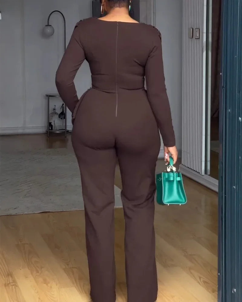 Birmingham Swing Collar Ruched Jumpsuit Long Sleeve Solid Elegant Color