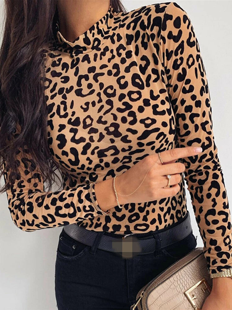 Hudson Yards Leopard Print Turtle Neck Blouse Autumn Long Sleeve Tops