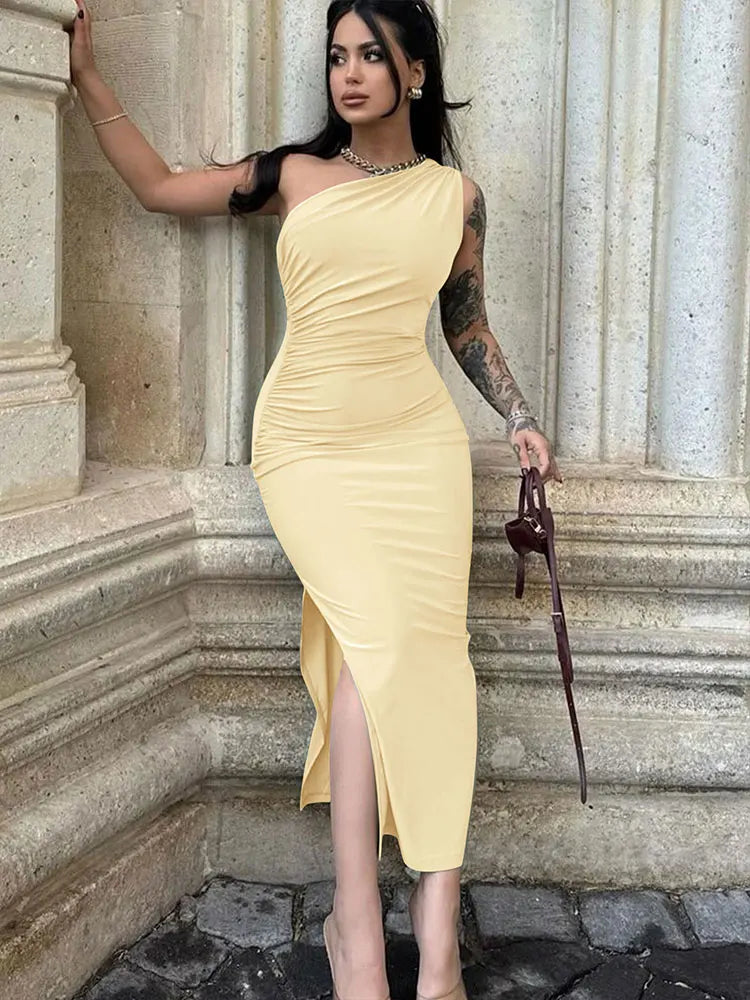 Maxi Sexy Split Black Sleeveless Backless Slim Off Shoulder Club Elegant Party Dresses
