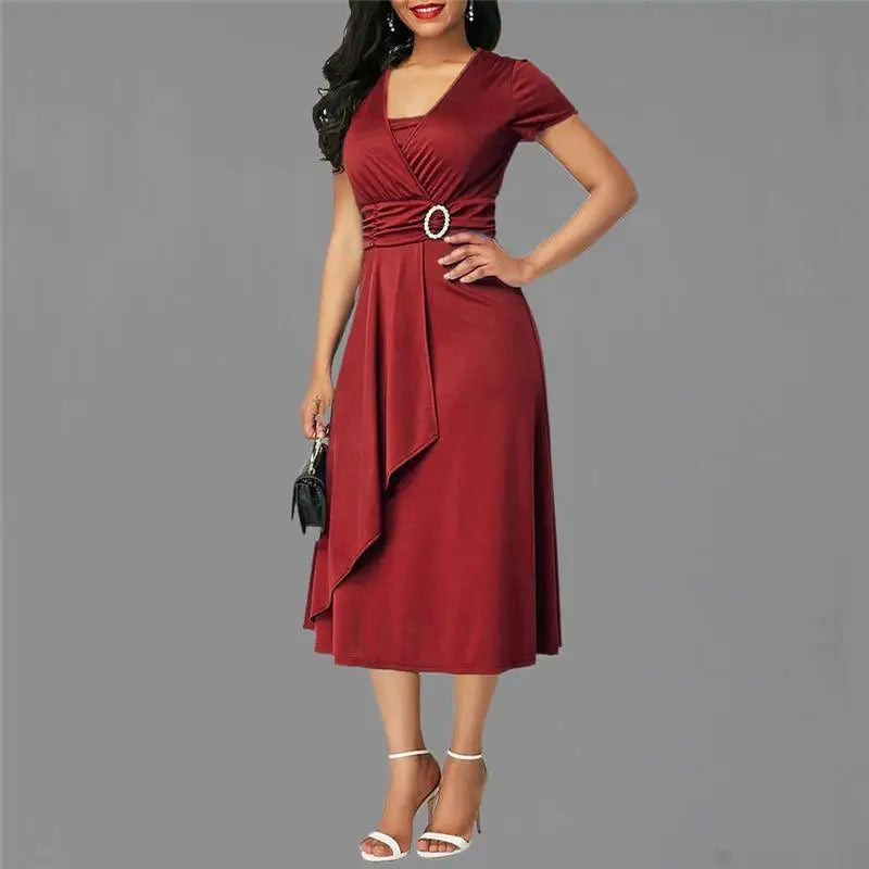 Seattle Solid Color Short Sleeve V Neck Asymmetric Hem Waist Midi Party Dress