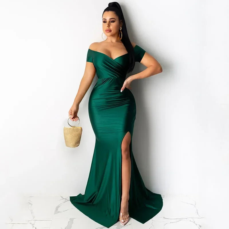 Barcelona Sexy Off The Shoulder V Neck Mermaid Evening Elegant Night Long Dress