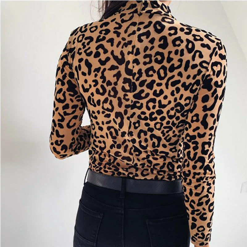 Hudson Yards Leopard Print Turtle Neck Blouse Autumn Long Sleeve Tops