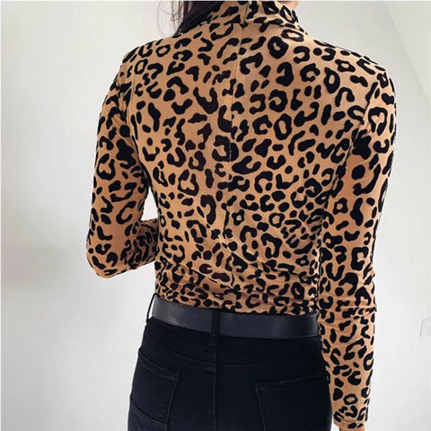 Hudson Yards Leopard Print Turtle Neck Blouse Autumn Long Sleeve Tops