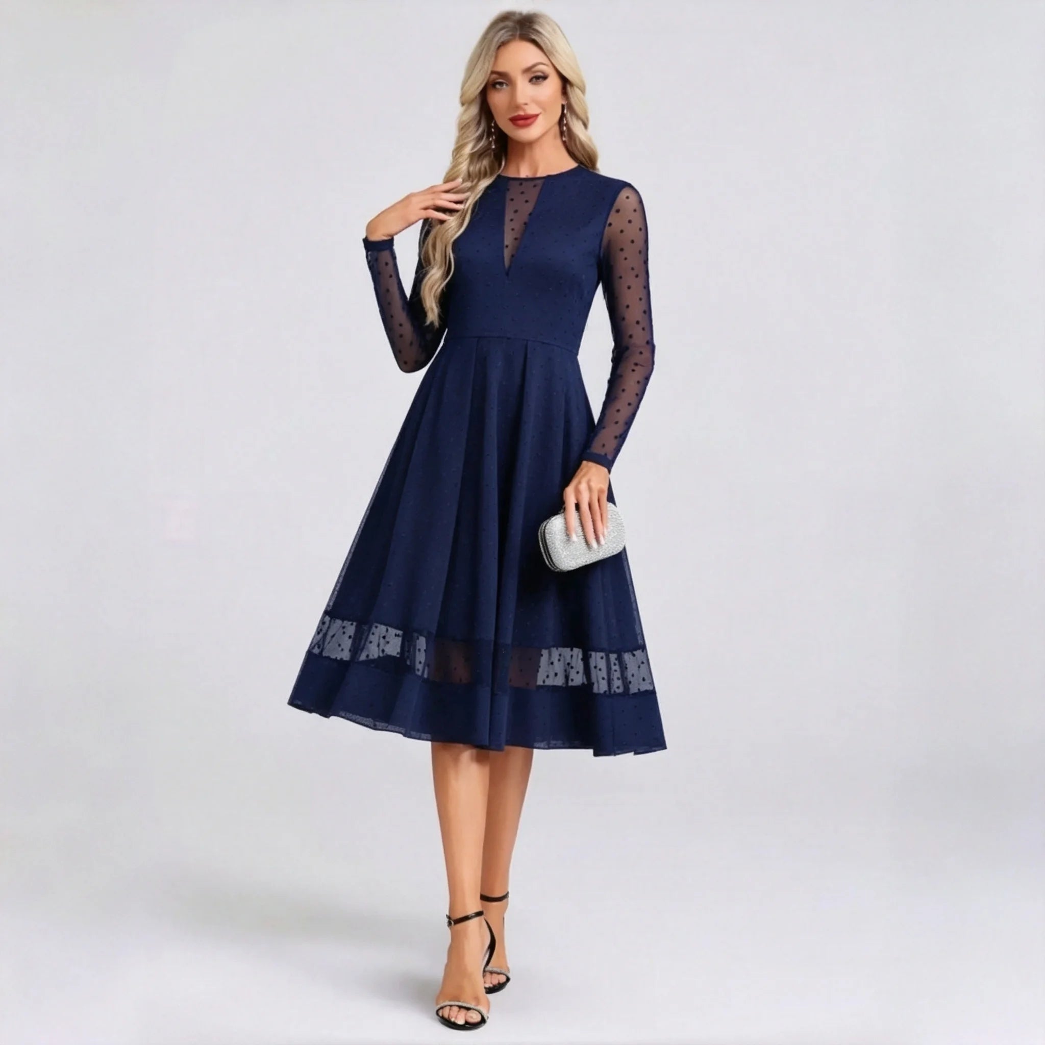 Benice Black Midi Cocktail Polka Dot Mesh Long Sleeve Illusion A‑Line Swing Dress