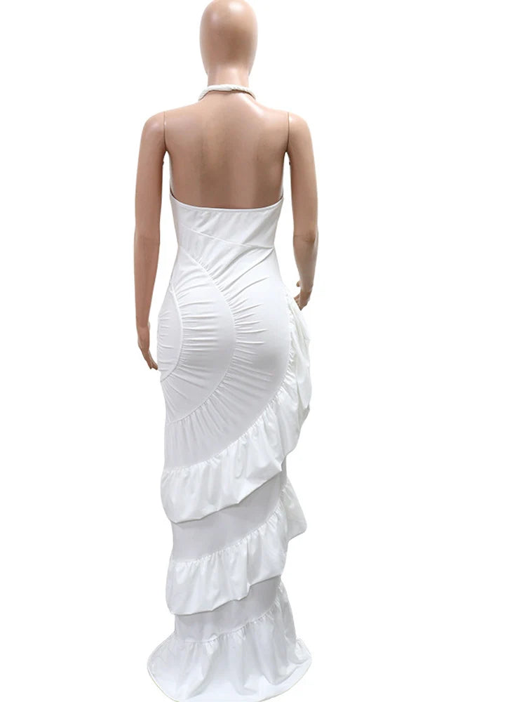 Bonnie Forest Halter Neck Ruched Mermaid Elegant V-Neck Ruffle Maxi Dress