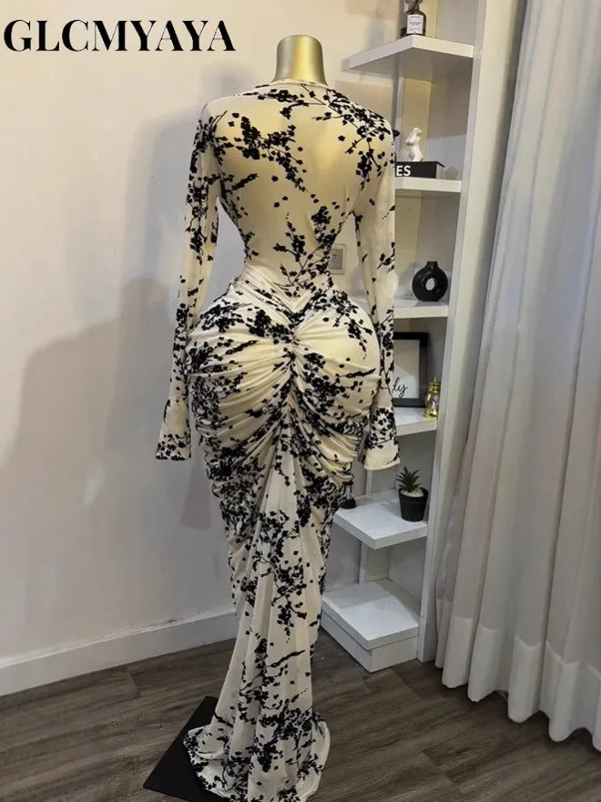 Peru Long Sleeve Stacked Mesh See Though with Lining Bodycon Long Dress