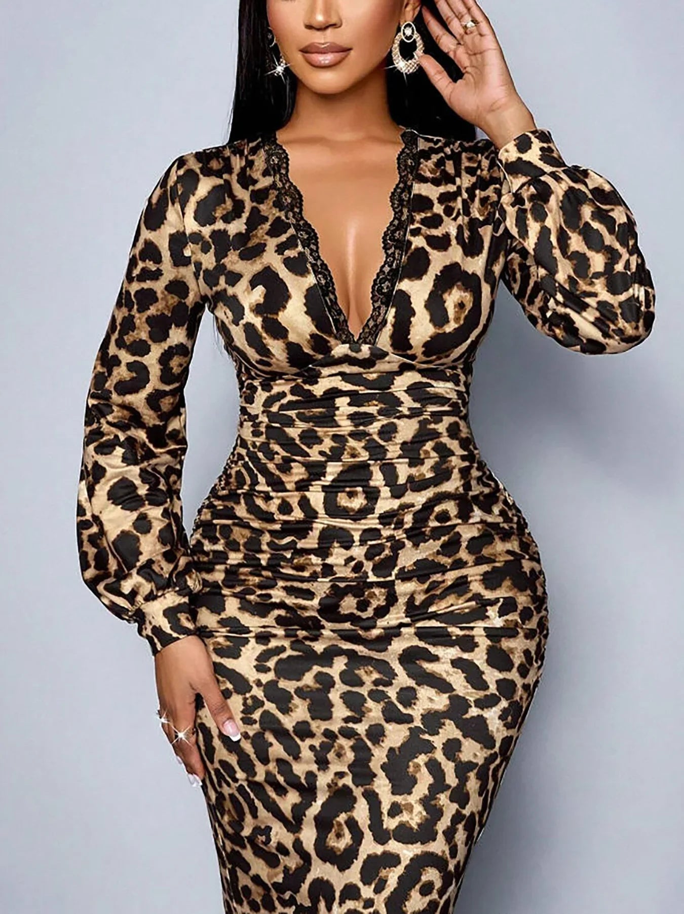 Windsor Terrace Printed V-Neck Lace Long Sleeve High Waist Club Party Midi Dress