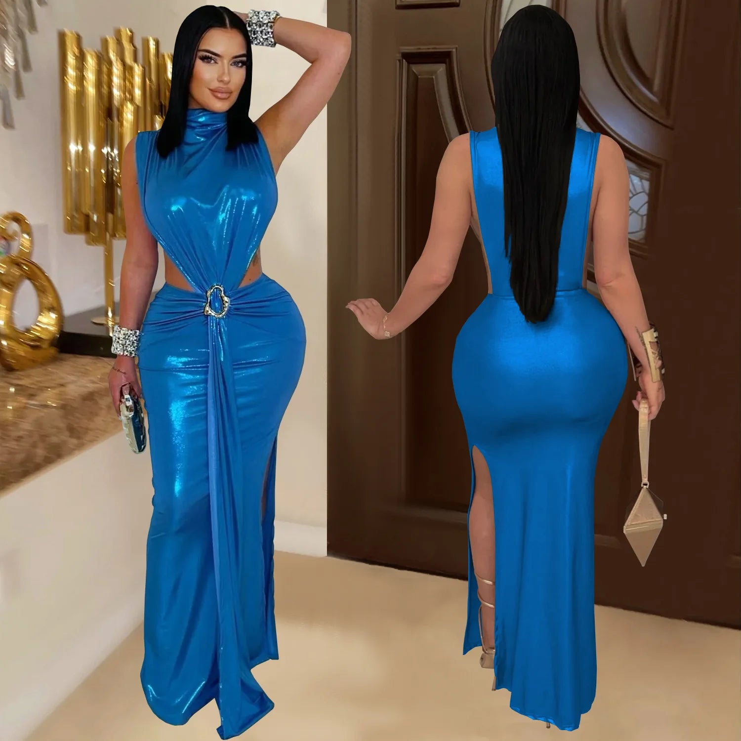 Hudson Square Side Split Ruched Sleeveless Waistless Silky Sexy Metal Button Ribbon Dress