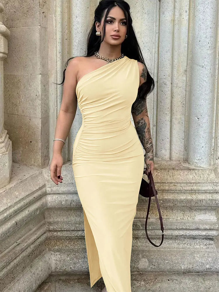 Maxi Sexy Split Black Sleeveless Backless Slim Off Shoulder Club Elegant Party Dresses