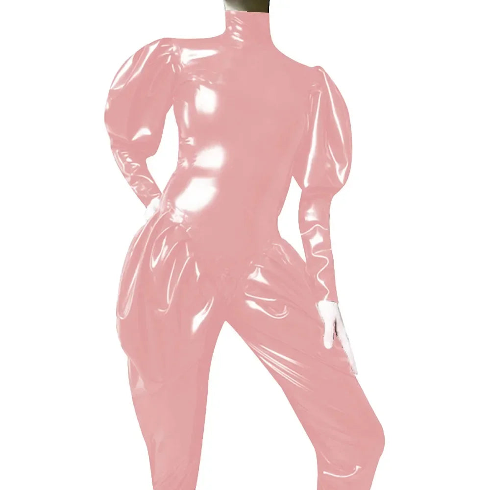 Sleeves Jumpsuit Sexy Zipper Open Crotch Catsuit Party High Neck Wetlook Rompers Female