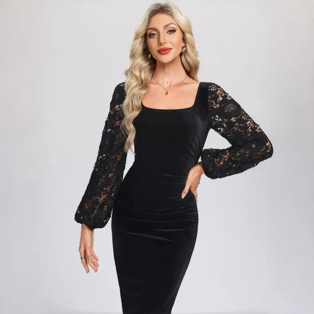 Bushwick Black Velvet Midi Bodycon Square Neck Lace Puff Long Sleeve Ruched Waist Dress