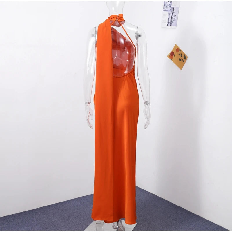 Califon Sexy Satin Ribbon Party Elegant Halter Backless Off Shoulder Sleeveless Maxi Dress