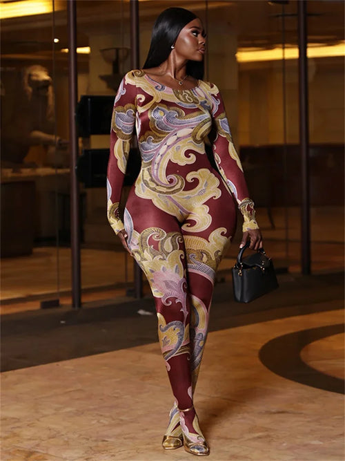 China Town Fashion Art Colorful Print o-Neck Full Sleeve Skinny Peach Jumpsuit