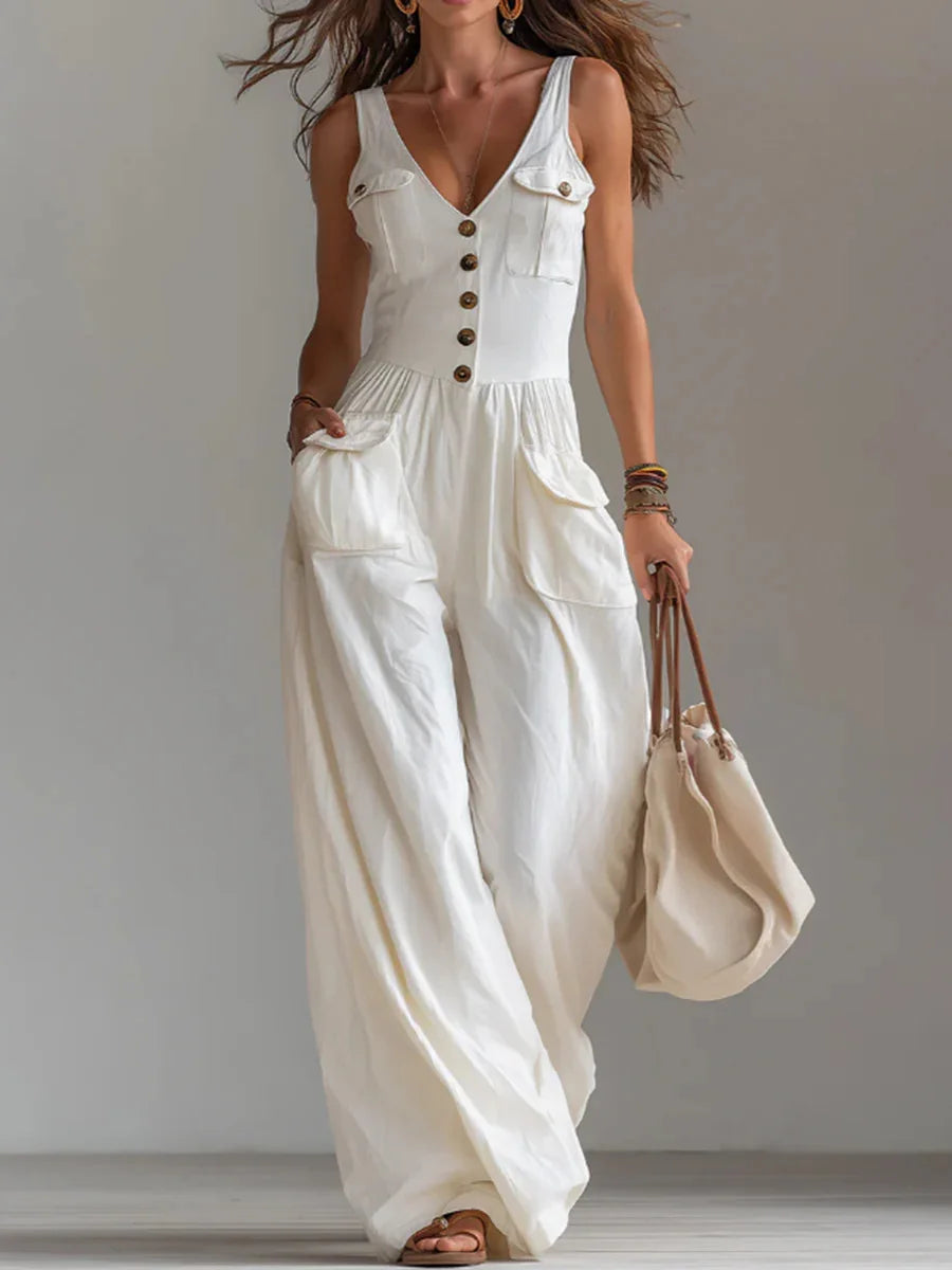 Women's Jumpsuit Featuring V-Neck, Button Decor, Wide-Leg Design and Pockets