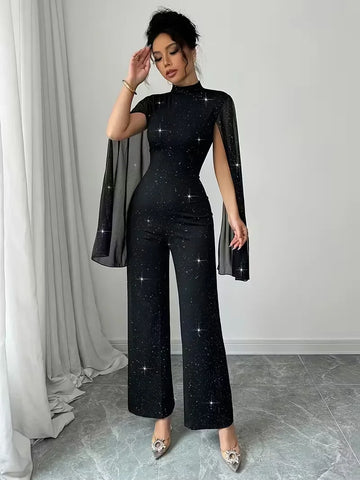 Manhattan Glitter Mock Neck Sheer Chiffon Cloak Sleeve Elegant Overalls Temperament Jumpsuit
