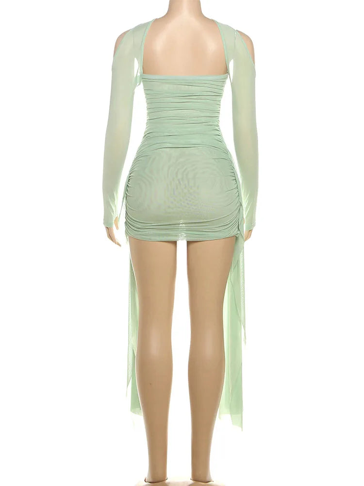 Edison Sexy See Through Dress Shawl Ruched Side Ribbon Coquette Skinny Dress