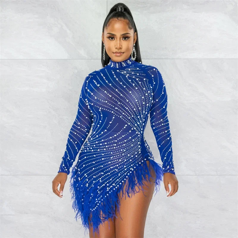 Whippany Pearls Rhinestone Party Elegance Nightclub Feather Mini Dress