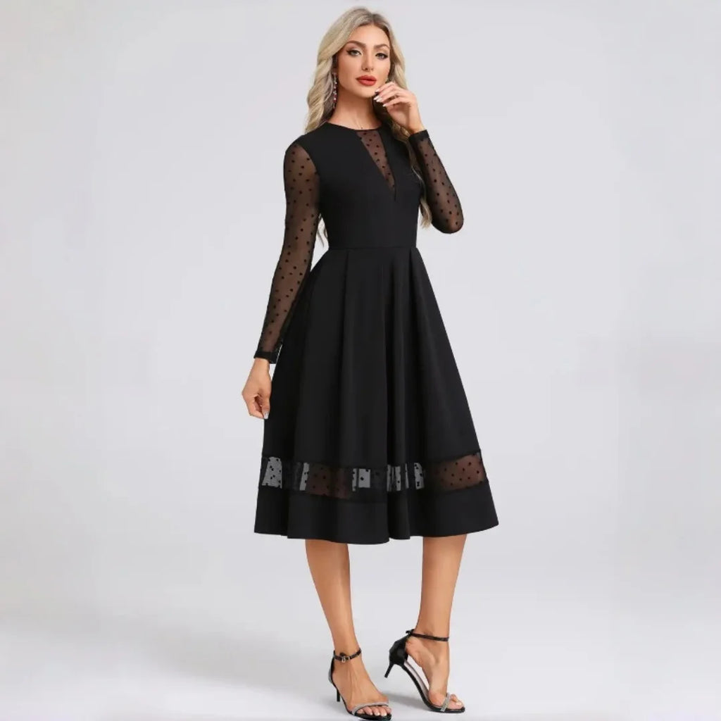 Benice Black Midi Cocktail Polka Dot Mesh Long Sleeve Illusion A‑Line Swing Dress