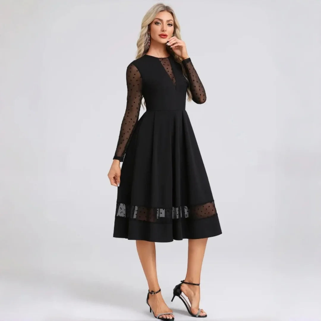 Benice Black Midi Cocktail Polka Dot Mesh Long Sleeve Illusion A‑Line Swing Dress